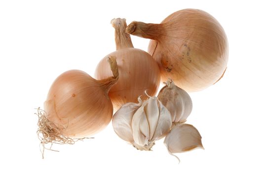 Ripe onions and garlic isolated on a white background.