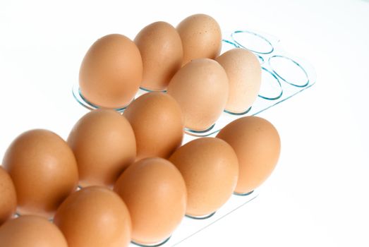 Brown eggs on a acrylic transparent stand isolated on white background.
