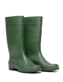 Green rubber boots isolated on white background.