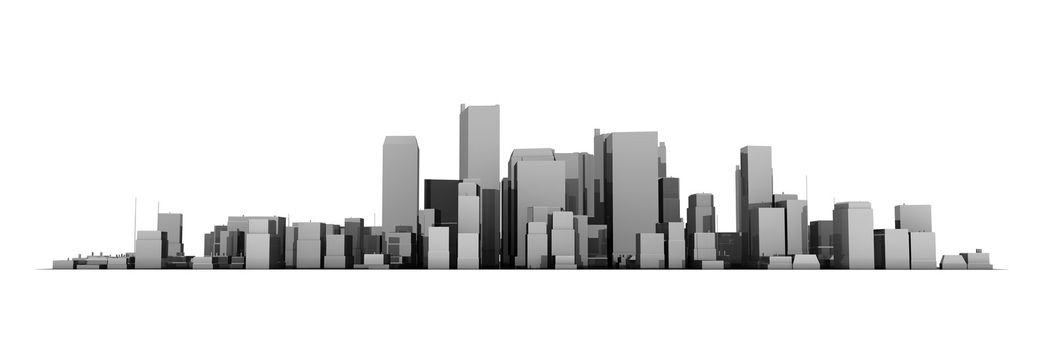 wide 3D cityscape model in shiny dark grey with a white background - buildings are casting no shadows