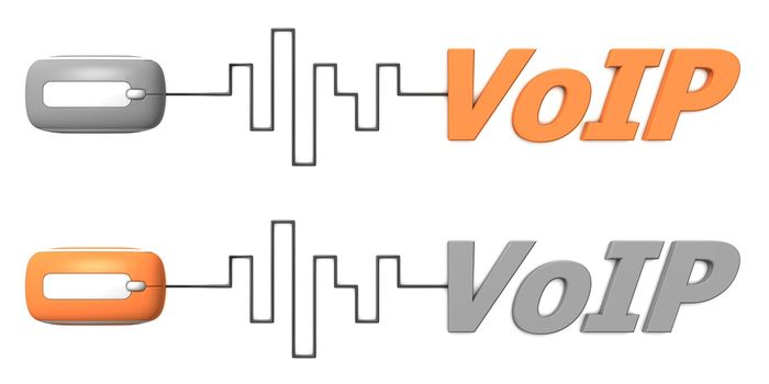 modern computer mouse connected to the word VoIP via digital waveform cable - mouse and word both in grey and orange