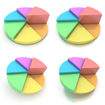 colourful reflective pie chart - pale orange, yellow, green, blue, purple, red - four views