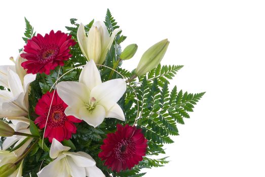 Detail of bouquet of flowers on white background.