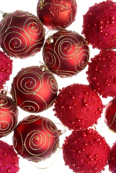 Red Christmas balls isolated on white background.