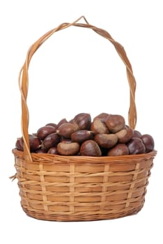 Chestnuts in the basket isolated on white background.