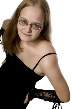 a young woman wearing a little black dress