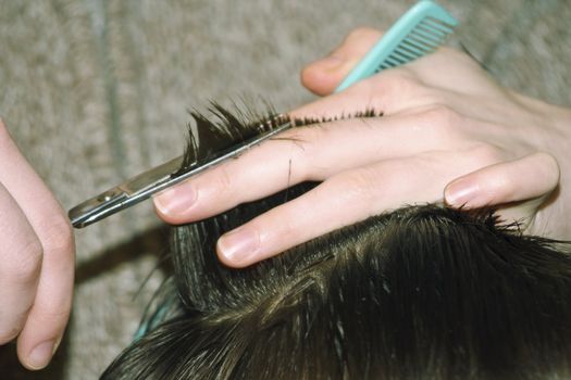 Hair stylist cutting hair with scissors