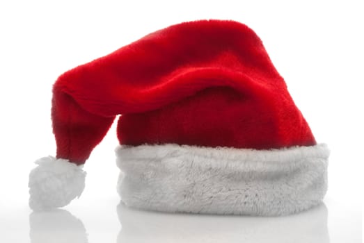 Red santa claus hat on white background.