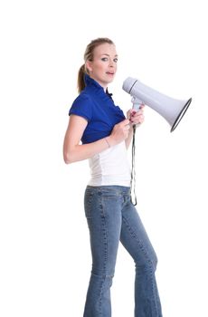 pretty young woman with megaphone isolated on white