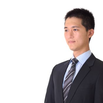 Confident oriental business man, closeup portrait with copyspace on white.