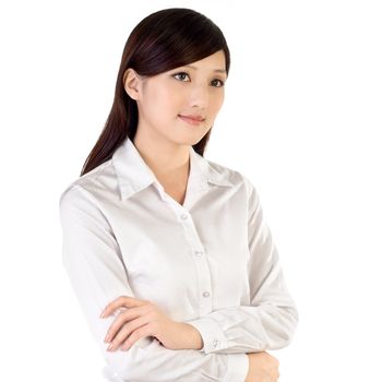 Business woman isolated on white background, closeup portrait of oriental office lady.