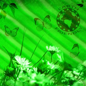 Green illustration with flowers, butterflies and earth friendly symbol