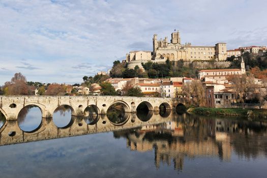 architecture of Beziers cathedraland old bridge, Languedoc, France