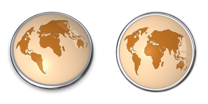 3D button with world map - brown colour