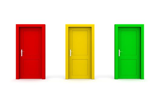 three closed doors in a a row - red, yellow, green