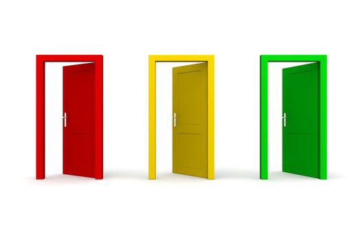 three doors in a a row - red, yellow, green - all doors open