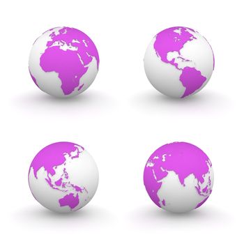 four views of pink/purple 3D globes - continents ebossed