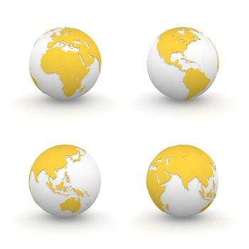 four views of orange/yellow 3D globes - continents ebossed