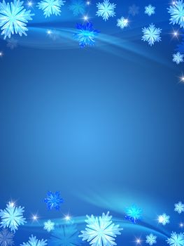 blue christmas background with crystal snowflakes, stars and curves