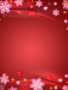 red christmas background with crystal snowflakes, stars and curves