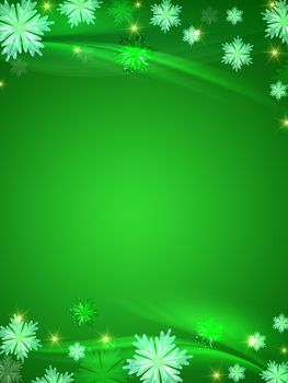 green christmas background with crystal snowflakes, stars and curves