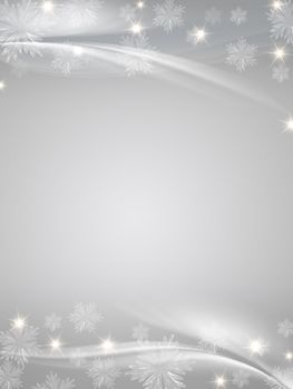 grey christmas background with crystal snowflakes, stars and curves