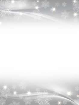 white grey christmas background with crystal snowflakes, stars and curves