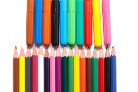 Crayons, soft-tip pens insulated on white background