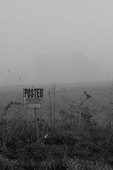 Foggy sign on the edge of a field