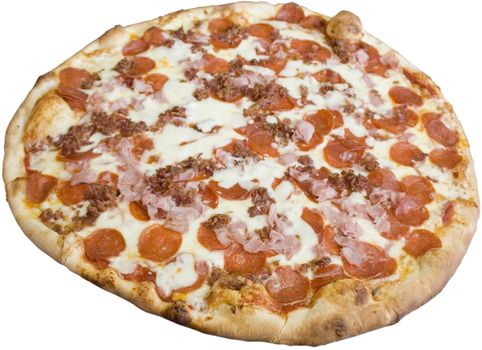 A pizza with bacon, pepperoni, sausage and ham, isolated.