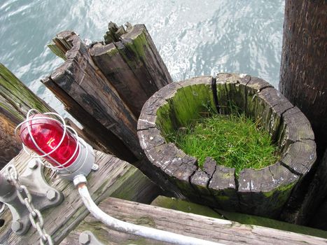 A red warning light on the end of a pier with old pilings rotting away.