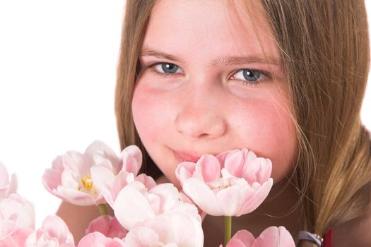 Beautiful girl giving a bouquet of flowers