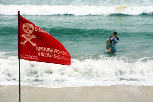 Swimming prohibited around this area flag in Kuta beach, Bali