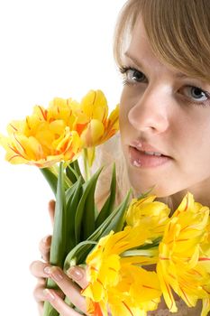 Sexy girl with bright yellow tulips