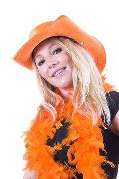 Pretty blond woman supporting Holland in the worldcup, all dressed in orange