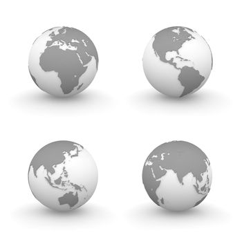 four views of grey 3D globes - continents ebossed