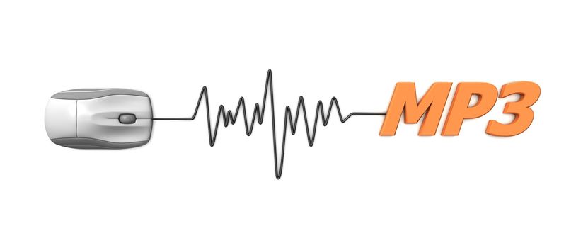 grey computer mouse connected to the orange word MP3 via sine waveform cable