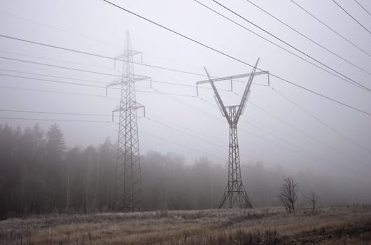 Reliance power lines in the morning fog. Silhouettes.