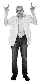 The bald punk in jeans and a shirt
