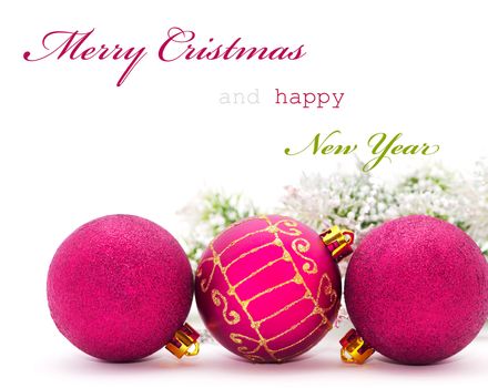 Christmas greeting card with pink baubles and sample text