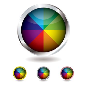 Brightly colored beach ball button with metal bevel and shadow