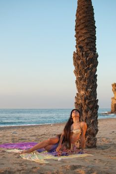 Oriental belly dancer posing on a beach