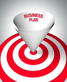 Winning business plan - A paper funnel help to center the target - business concept. 3D image.