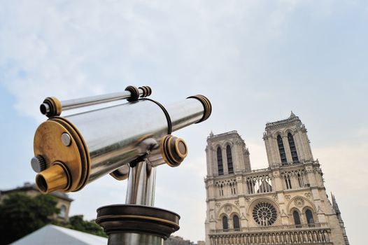 Telescope of stainless steel near Notre-Dame Cathedral in Paris
