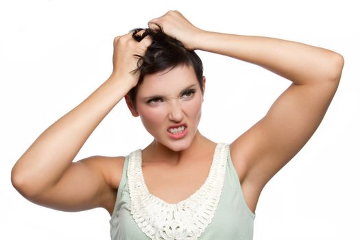 Isolated angry woman pulling hair