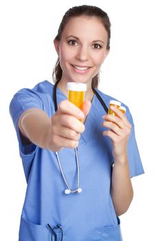 Nurse holding medicine pill bottle