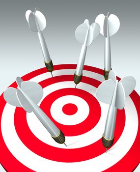 Five darts hit the target, but none hits the mark. Failure business concept. 3D image.