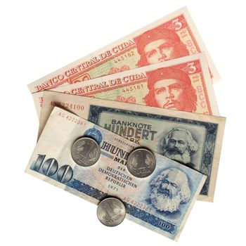 Vintage banknotes with Karl Marx (from DDR) and Che Guevara (from Cuba)