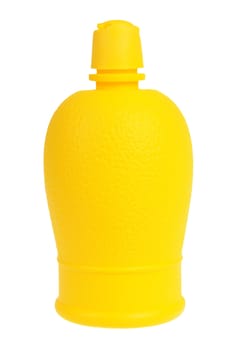 A lemon shaped bottle with lemon juice isolated on white background