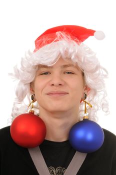 The teenager with christmas-tree decorations in ears isolated on white background